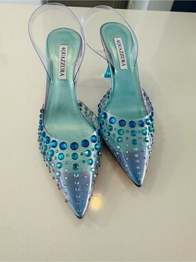 Aquazzura Iridescent Aqua Pointed Crystal-Embellished Slingback Heels. NWOT